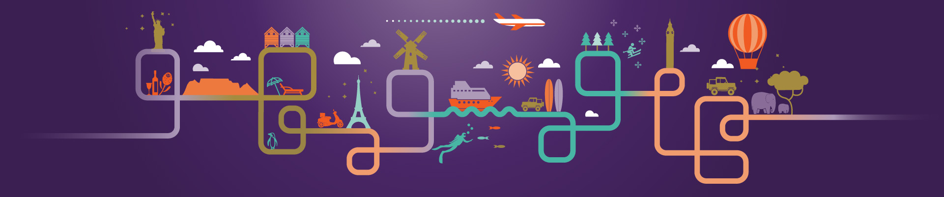 Illustration of ships and vehicles travelling to destinations protected by Hollard travel insurance